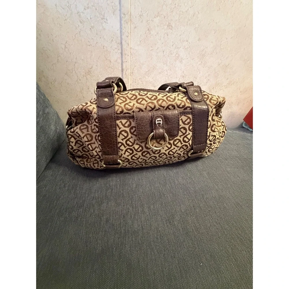 Etienne Aigner Monogram Jacquard Satchel‎ Bag Brown Tan Gold Tone Hardware